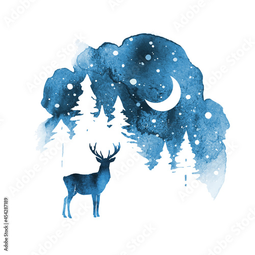 Vector silhouette of reindeer. Watercolor winter landscape with isolated animal, sky, moon and forest in blue and gold colors. Watercolor deer vector illustration and splash