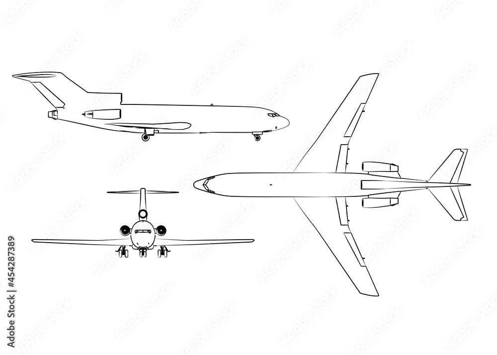3d Aircraft model graphical from three directions with black white sketch. linear sketch.