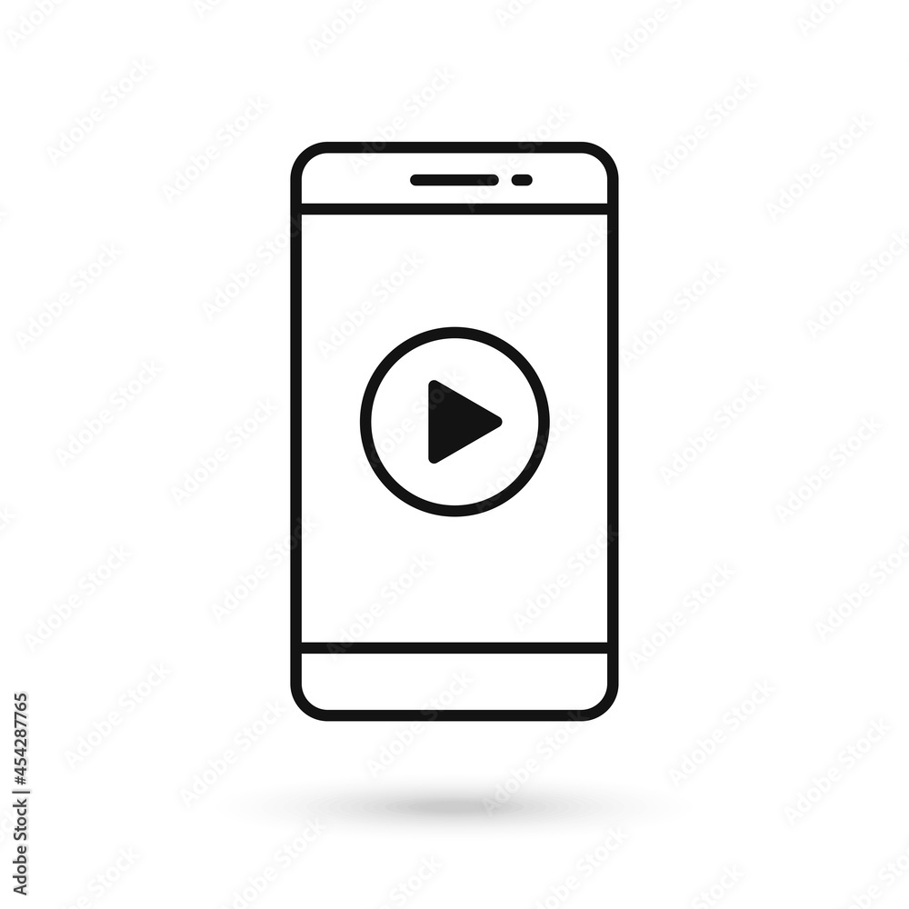 Mobile phone flat design icon with play button sign. Mobile phone flat design icon with play button sign.