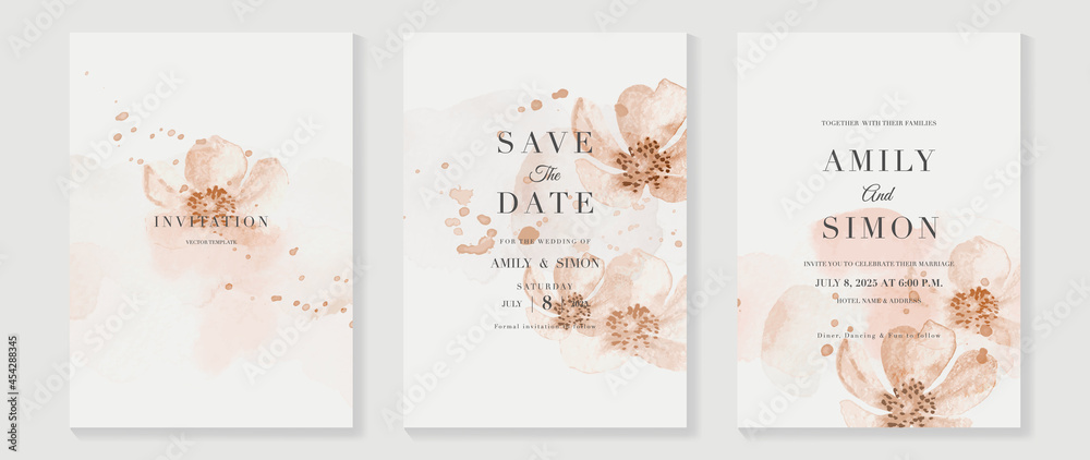 Autumn wedding invitation card vector.  Luxury background design  with golden texture, Flower and botanical leaves watercolor hand drawing. Abstract art cover design for wedding and VIP invite card.
