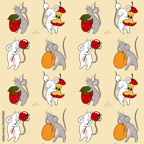 Seamless pattern with funny mice, fruits and berries. Animalistic vector background. Multicolor. Can be used for wallpapers, pattern fills, textile, surface textures