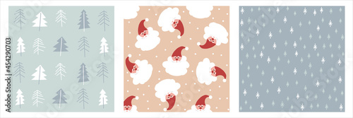 Set of Hand drawn Doodle christmas tree, snowflakes and cute Santa Claus. Trendy Vector illustrations. Set of four Square abstract Seamless patterns. Background, Wallpaper, wrapping paper templates