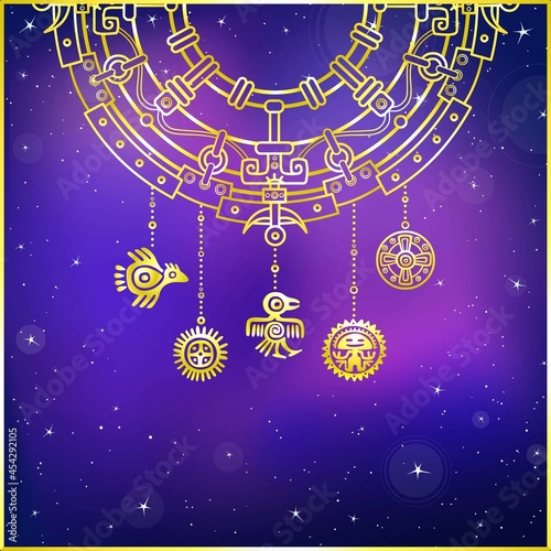 Decorative mystical semicircle, ethnic jewelry. Motives of art Native American Indian. Ethnic design, boho chic, tribal symbol. Gold imitation. Vector illustration, background - the night star sky.