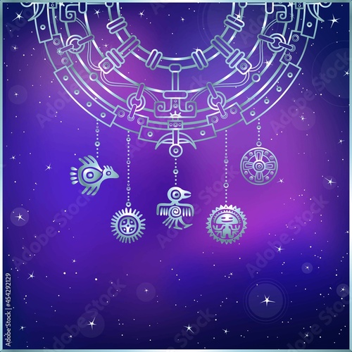 Decorative mystical semicircle, ethnic jewelry. Motives of art Native American Indian. Ethnic design, boho chic, tribal symbol. Silver imitation. Vector illustration, background - the night star sky.