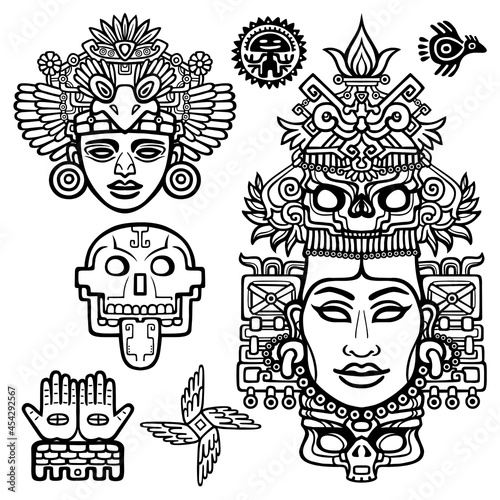 Set of graphic elements based on motives of art Native American Indian. Animation stylized images of ancient gods, idols, deity. Linear drawing isolated on a white background. Vector illustration.