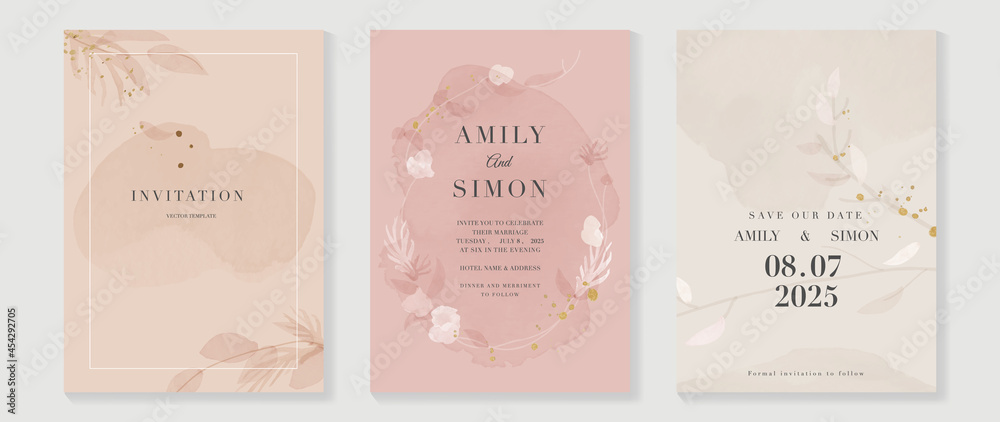 Autumn wedding invitation card vector.  Luxury background design  with golden texture, Flower and botanical leaves watercolor hand drawing. Abstract art cover design for wedding and VIP invite card.