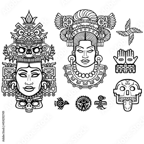 Set of graphic elements based on motives of art Native American Indian. Animation stylized images of ancient gods, idols, deity. Linear drawing isolated on a white background. Vector illustration.