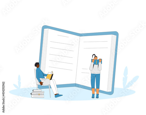 Library. People with books. Students prepare to exam. Reading club. Literature fans. Books lovers.