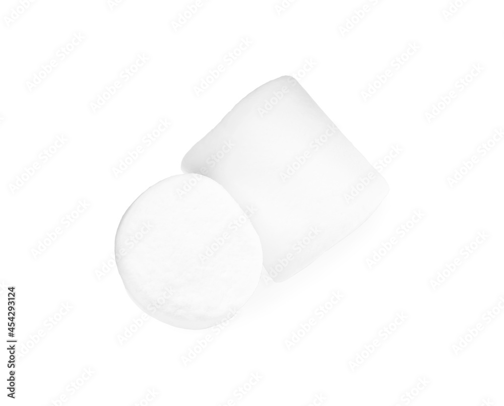 Delicious puffy marshmallows on white background, top view Delicious puffy marshmallows on white background, top view