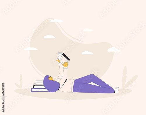 Teenage girl lying with book isolated on white background. Literature fan. Books lover. Young woman reading a novel. Vector illustration.
