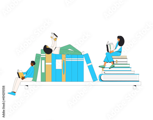 Tiny people with huge books on a shelf. Book fair, market, library, swap event. Literature fans. Rading lovers.