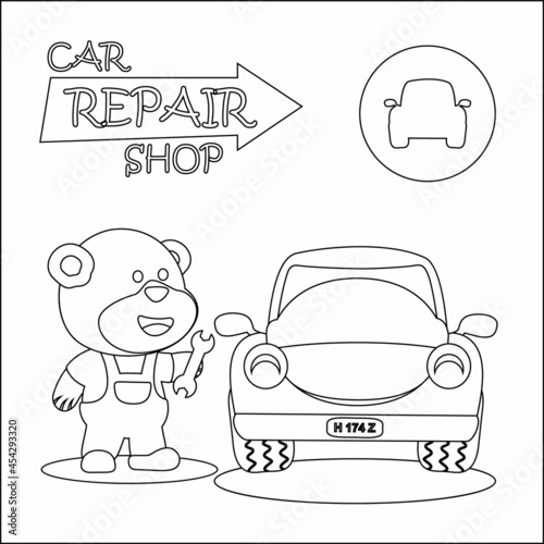 vector illustration of car repair shop cartoon with funny mechanic. Cartoon isolated vector illustration, Creative vector Childish design for kids activity colouring book or page.