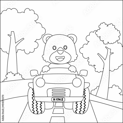 Cute bear cartoon having fun driving off road car on sunny day. Cartoon isolated vector illustration, Creative vector Childish design for kids activity colouring book or page.
