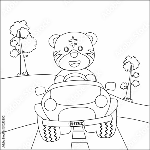 Cute tiger cartoon having fun driving off road car on sunny day. Cartoon isolated vector illustration, Creative vector Childish design for kids activity colouring book or page.