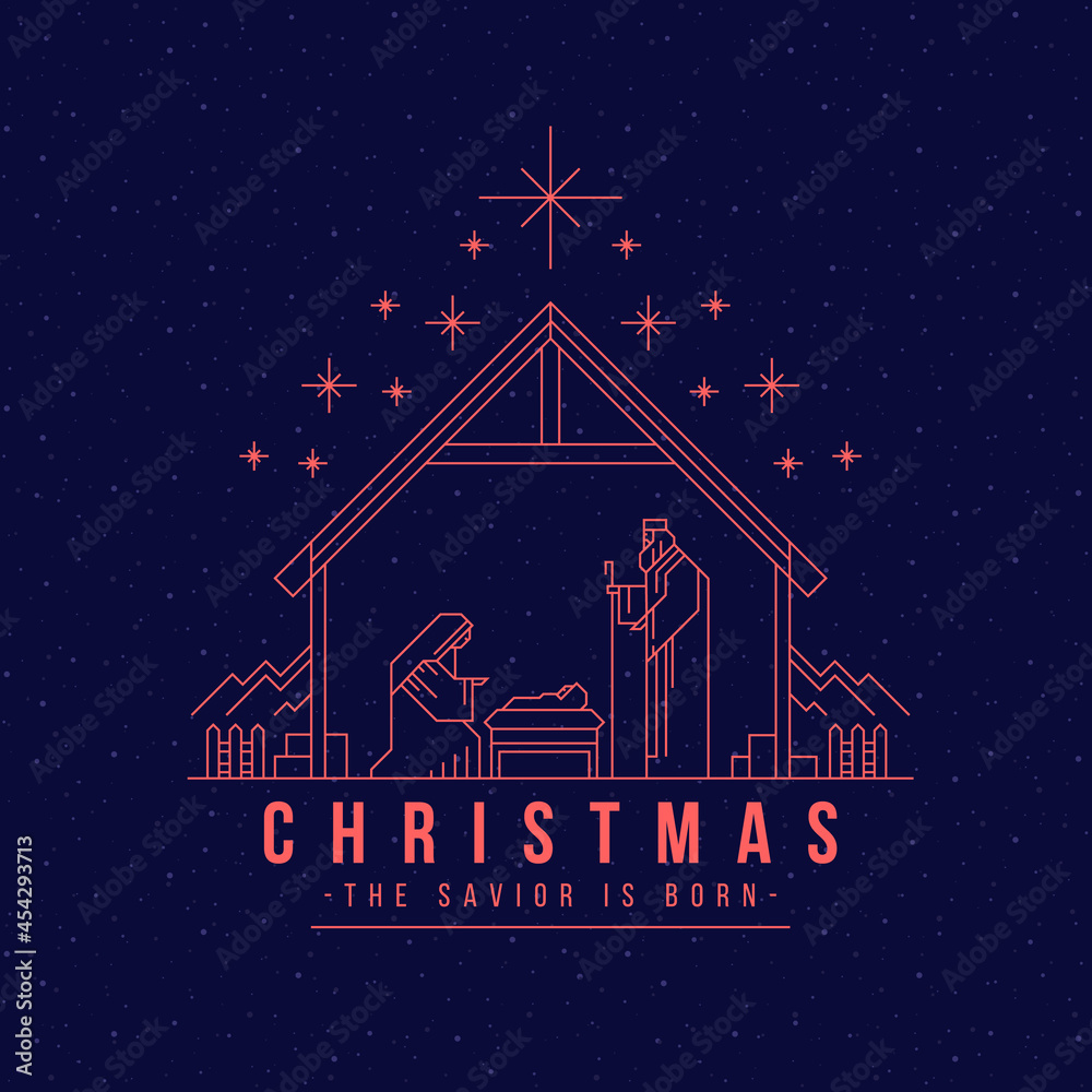 Naklejka premium christmas ,the savior is born banner with soft pink abstract shape line Nativity scene mary wiht jesus and joseph on dark background vector design
