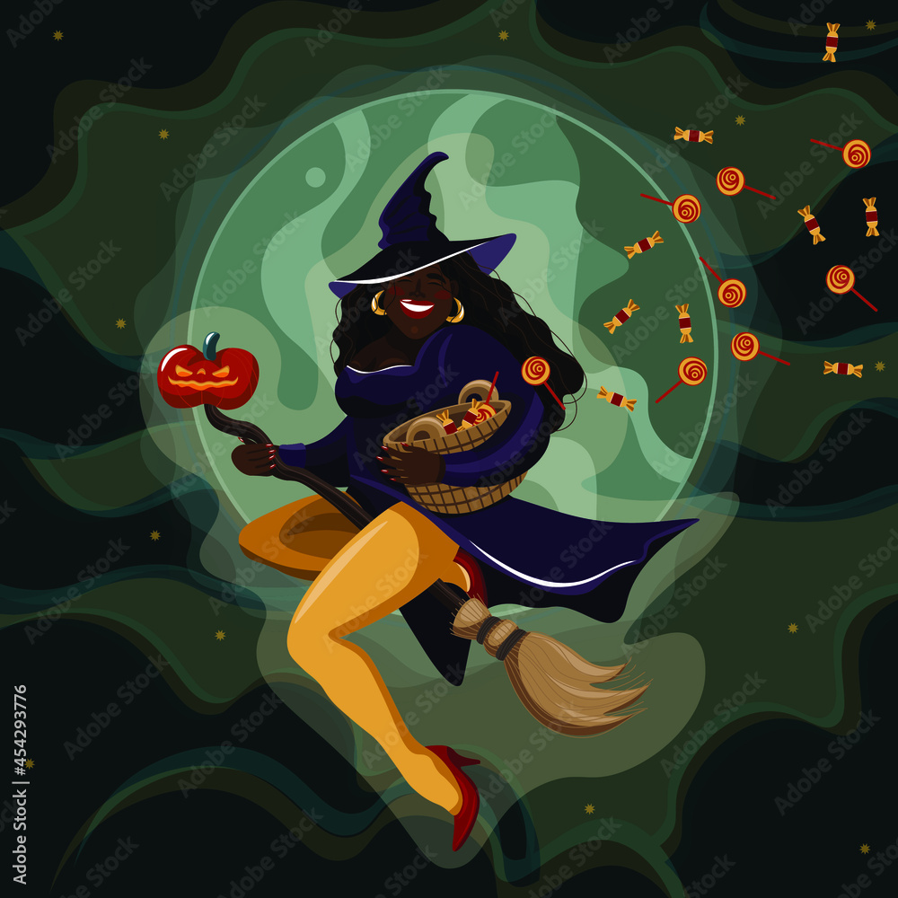 A black witch who smiles and flies on a broomstick against the background of a full moon. In her hands she has a basket with sweets, which she loses.