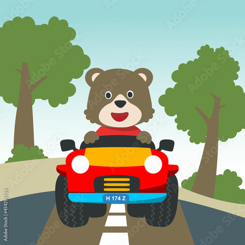 Cute bear cartoon having fun driving off road car on sunny day. Vector childish background for fabric textile, nursery wallpaper, card, poster and other decoration. Vector illustration.