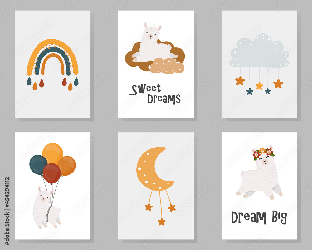 Set of cute baby cards with llama, clouds, star, moon, rainbow and phrases: sweet dreams and dream big. Perfect for invitations, greeting cards, posters. Kids room decor.