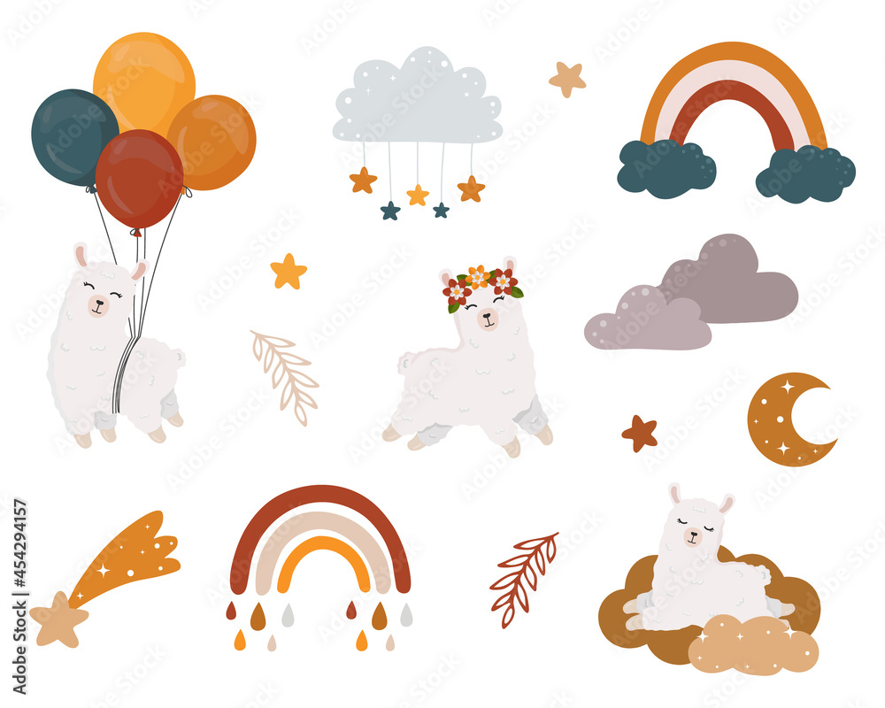 Vector boho clipart for nursery decoration with cute alpaca (llama), rainbows, moon, cloud, stars. Modern illustration. Perfect for baby shower, birthday, children's party. Vector boho clipart for nursery decoration with cute alpaca (llama), rainbows, moon, cloud, stars. Modern illustration. Perfect for baby shower, birthday, children's party.