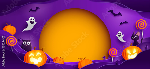 Paper Graphic of Happy Halloween fun party celebration background design. Halloween elements. Wide copy space for design.