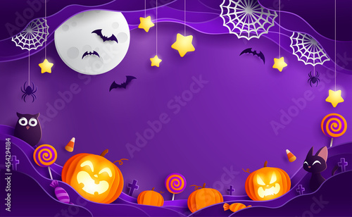 Paper Graphic of Happy Halloween fun party celebration background design. Halloween elements. Wide copy space for design.