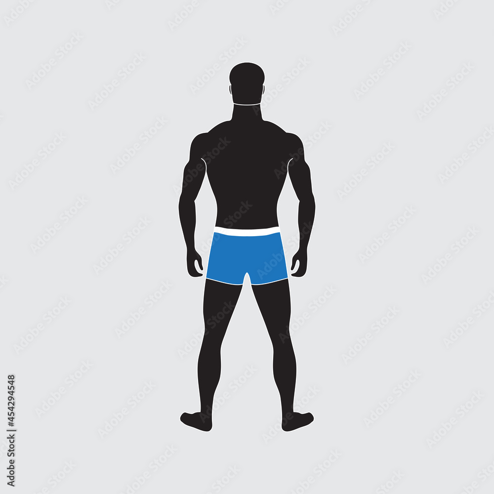 Fototapeta premium Man silhouette with slim figure. An impersonal character in swimming trunks. Male person of normal weight. Healthy lifestyle. Back view. Adult character with moderate fat level. Isolated flat vector
