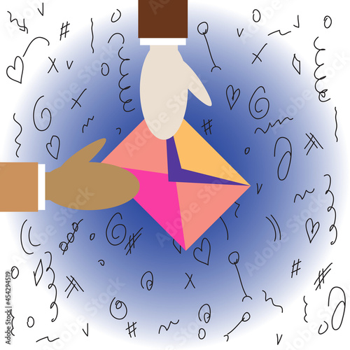 One person gives half-open envelope to another. Two human different color hands. Mail envelope with letter. Black chaotic abstract doodle background. Friendship and mutually beneficial relationships.