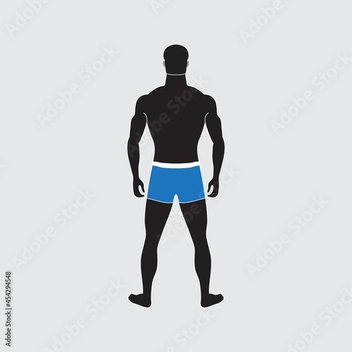 Man silhouette with slim figure. An impersonal character in swimming trunks. Male person of normal weight. Healthy lifestyle. Back view. Adult character with moderate fat level. Isolated flat vector