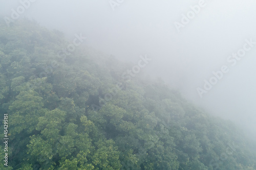 Aerial view of  foggy forest mountain landscape