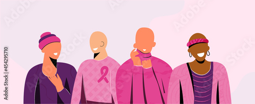 Breast Cancer Awareness Month October banner with diverse hairless women group with pink support ribbon. Bald girls fighting oncological disease. World cancer day concept. Vector cartoon illustration