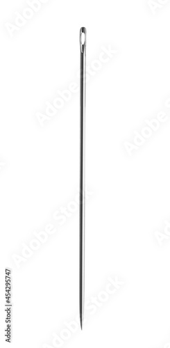 One metal sewing needle on white background