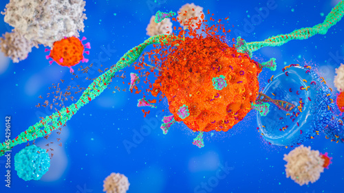 COVID-19 virus SARS-COV-2 delta variant coronavirus attacking a cell receptor being destroyed by antibodies B-Cell with T-Cell background and DNA ARN, covid-19 delta strain 3d rendering photo