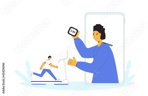 Online workout with coach. Runner on treadmill at home.