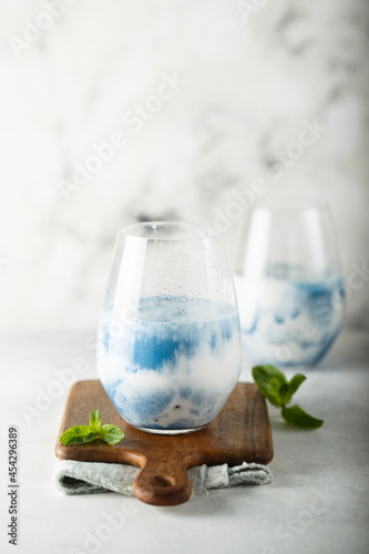 Refreshing blue matcha drink with fresh mint