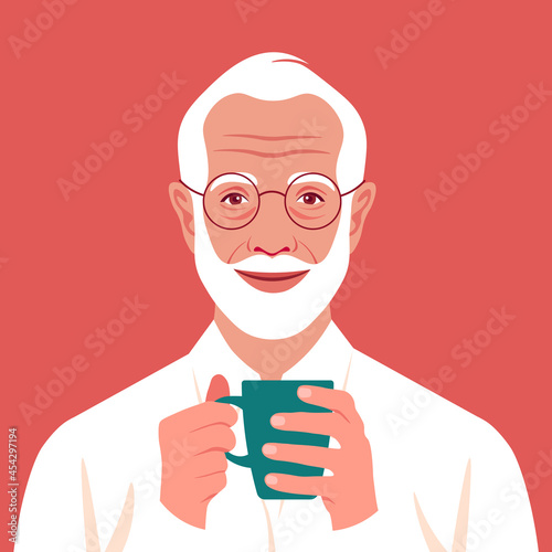 An elderly man is holding a cup of coffee or tea in his hands. Breakfast at home and office. A happy freelancer. Vector flat illustration