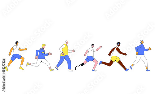 Running men team. Different runners marathon