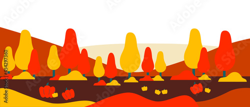 Autumn landscape with trees. Vector illustration in simple minimal flat style. Abstract horizontal banner and background with copy space for text. Header images for websites, covers.