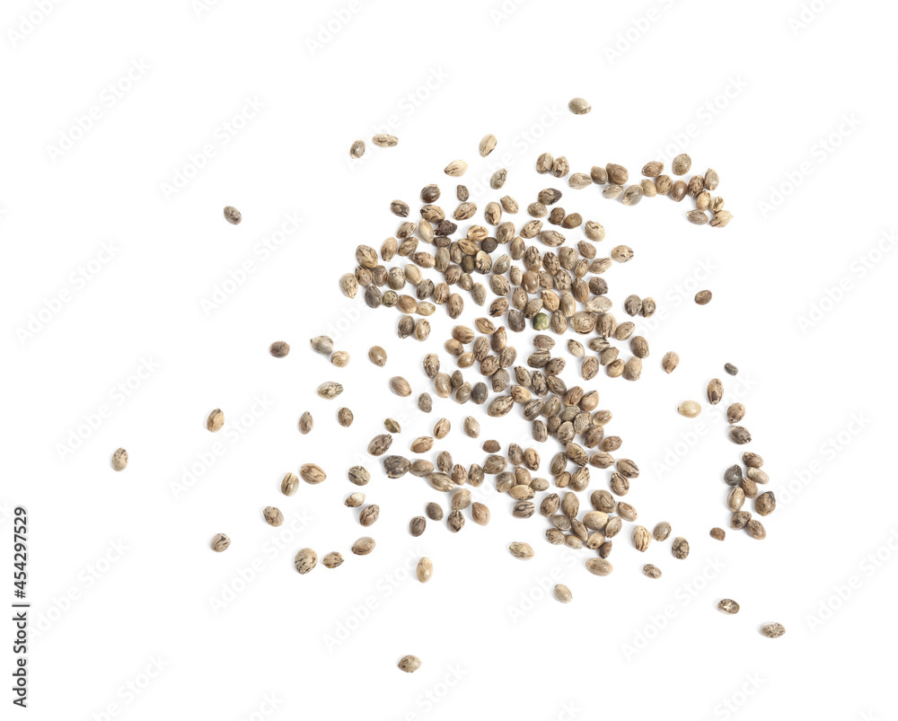 Hemp seeds on white background, top view Hemp seeds on white background, top view