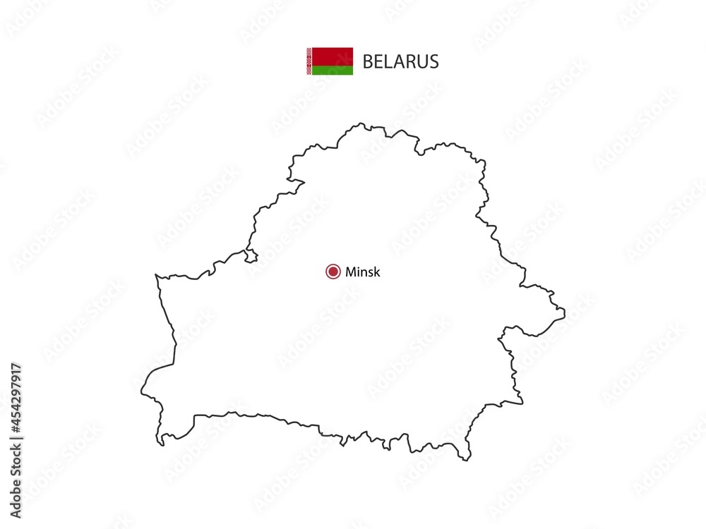 Hand draw thin black line vector of Belarus Map with capital city Minsk on white background.