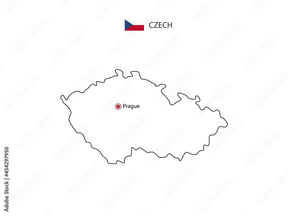 Hand draw thin black line vector of Czech Republic Map with capital city Prague on white background.