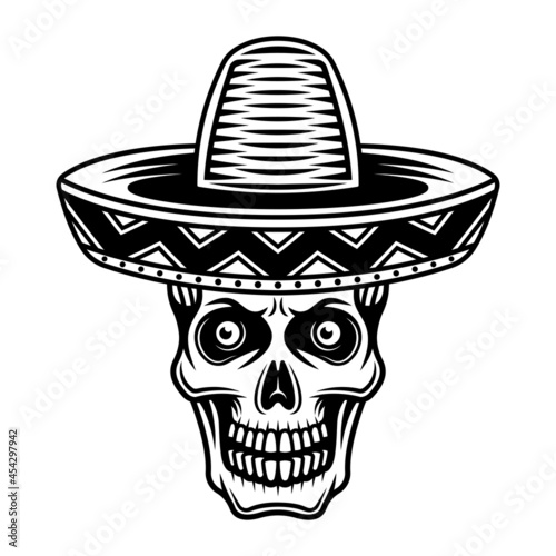 Skull in mexican sombrero hat vector illustration in monochrome vintage style isolated on white background