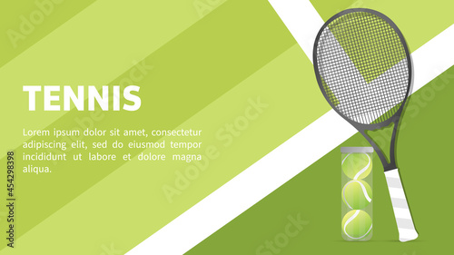 Tennis ball with Tennis racket in  the green tennis court , Simple flat design style , illustration Vector EPS 10, can use for tennis Championship Logo © NARANAT STUDIO