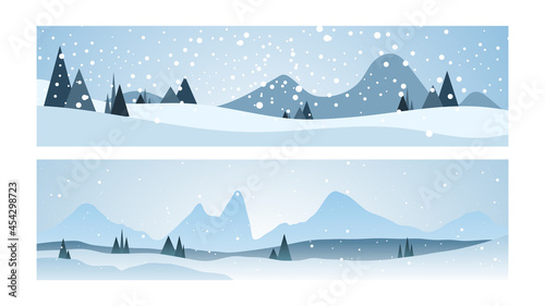 Hello winter with pine forest and snowy mountains ,Winter design background for content online or web, banner and template, Simple cartoon flat style,  illustration Vector EPS 10