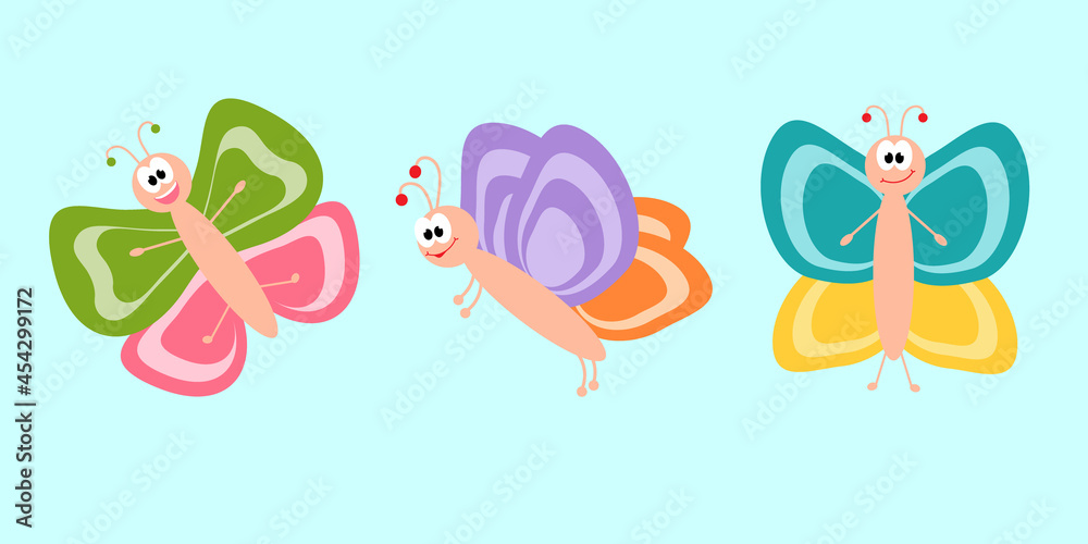 A set of funny butterflies with funny faces. Cartoon character. Isolated illustration for design.