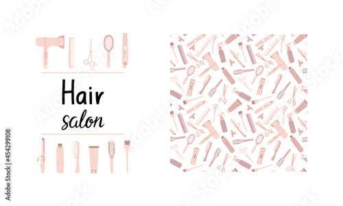 A set with a frame for the name of the hair solon and a seamless pattern with the working tools of the hairdresser. Vector illustration in beige tones. photo
