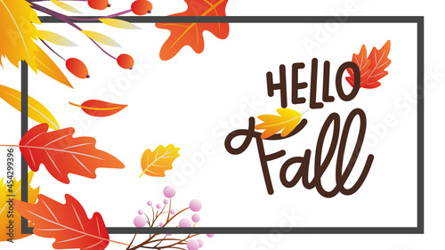 hello fall in Autumn frame , isolated on white background for content online or web, banner and template, Simple cartoon flat style. illustration Vector EPS 10