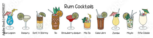 Collection set of classic rum based cocktails Cuba Libre, Mojito, Tiki, Pina Colada, Maitai, Zombie, Blue Lagoon, Dark and Stormy, etc. Cartoon doodle style vector illustration