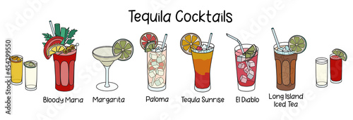 Collection set of classic tequila based cocktails Sunrise, Bloody Maria, El Diablo, Paloma, Margarita and two shots of golden silver tequila with sangrita. Cartoon doodle style vector illustration photo