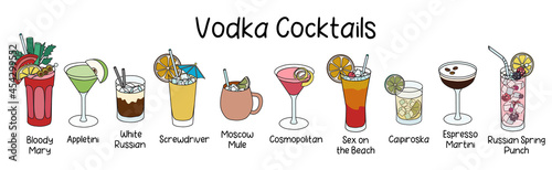 Collection set of classic vodka based cocktails Bloody Mary, Moscow Mule, Screwdriver, Sex on the Beach, Espresso Martini, White Russian, Appletini and oth. Cartoon doodle style vector illustration