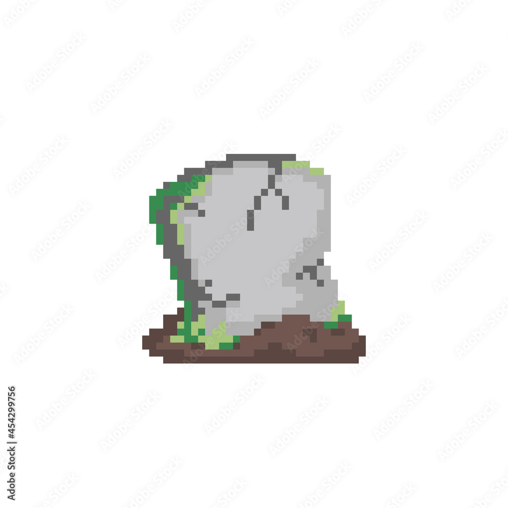 Fototapeta premium Pixel art cracked grave. Pixel mossy abandoned gravestone. Halloween decorative pixel art tomb. Vintage grave illustration. 8 bit tomb or grave retro game icon. 